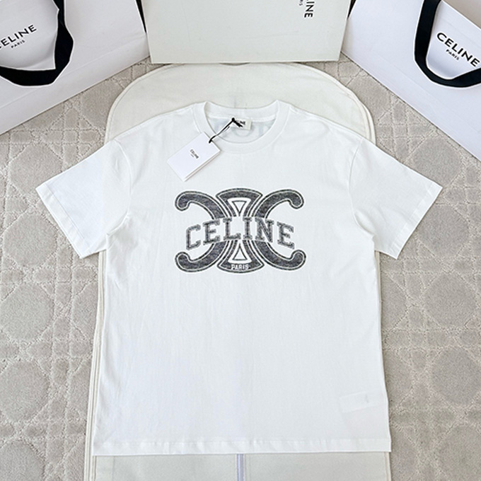 celine back pocket blue triomphe embroidery white flared jeans